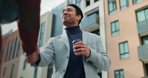 Professional, people and happy with handshake in city for welcome, greeting or introduction