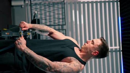Vertical Video Close Up in the Gym Handsome Guy with Tattoos in a Black Tshirt Does Exercises with