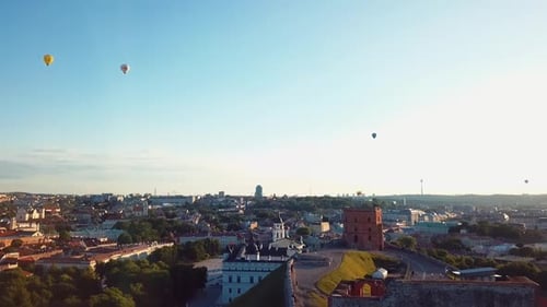 Aerial view of hot air balloon above the Vilnius city center. Lithuania. Summer