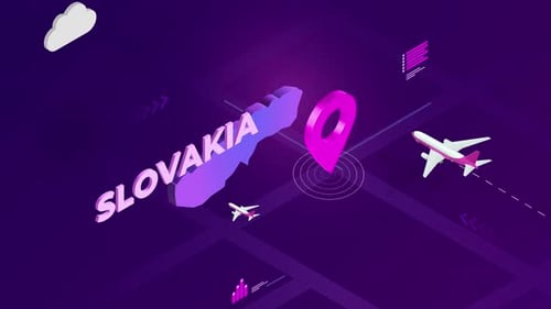 Isometric Slovakia Map with Location Pin and Airplanes Animation