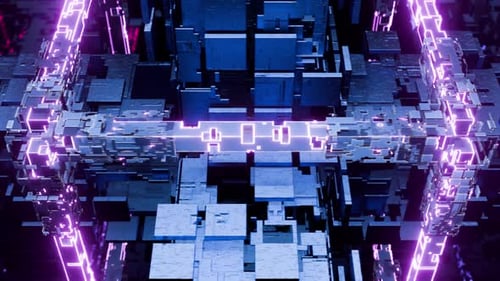 Seamless rotation of a technological pattern. Complex technical design. Blocks, lines, infographics.