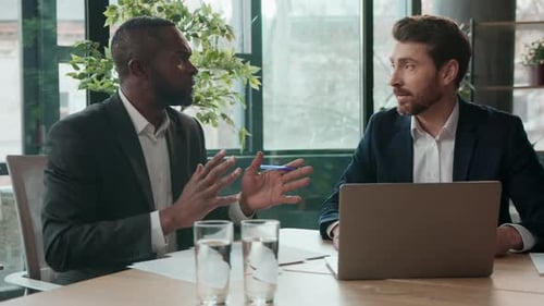 Two Multiracial Businessmen Business Team with Laptop Talking Men Salesman Agent Consult Male Client