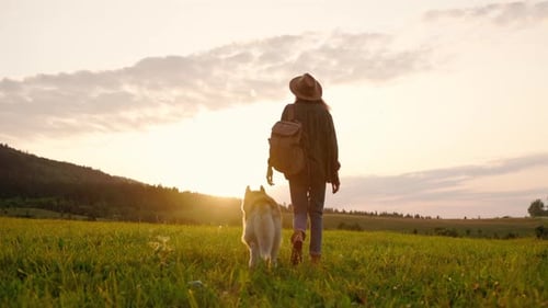 Woman and Dog Walking in Field at Sunset