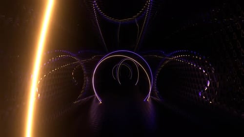 Purple And Yellow Fantastic Tunnel With Neon Glowing Round Frames Background Vj Loop In 4K