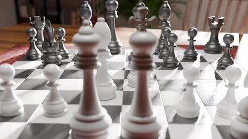 Chess Board with Pieces Overhead Close Up