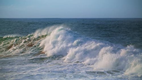 Foaming Sea Waves Swelling Crashing Surface. Large White Water Splashing Shallow Rolling