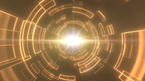 Tunnel lumineux jaune doré avec des cercles concentriques lumineux et une lueur centrale rayonnante
