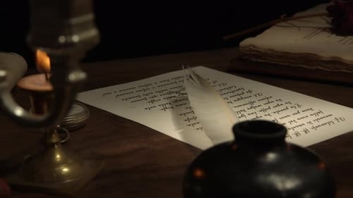 Candlelight Reveals Antique Desk with Handwritten Letter