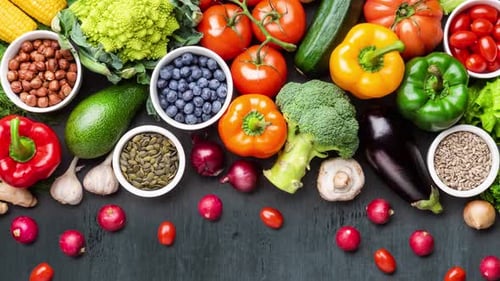 Overhead Shot of Fresh Vegetables and Fruits on Table