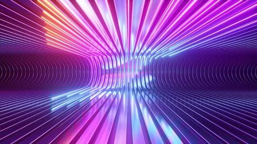 Abstract holographic background of glowing neon lines slide along the bend metallic stripes.