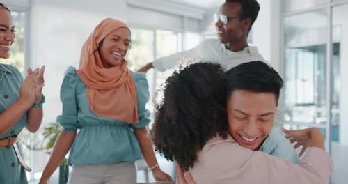 Business people hug, success and winner with celebration, cheers with applause