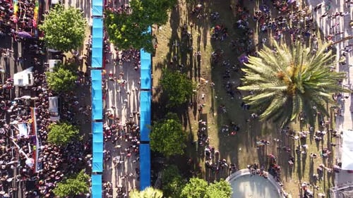 Aerial top-down view of pride parade in the streets of Buenos Aires, Argentina
