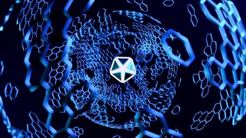 Mysterious glowing pentagon floating in a swirling vortex with hypnotic blue energy currents