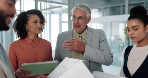 Speaker, meeting and planning with business people in office for coaching, idea and advisor