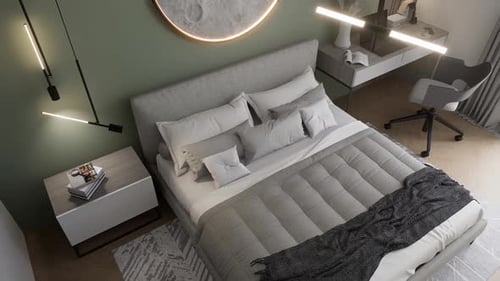 Bedroom in a minimalist, modern style with a small work area. 3D render.