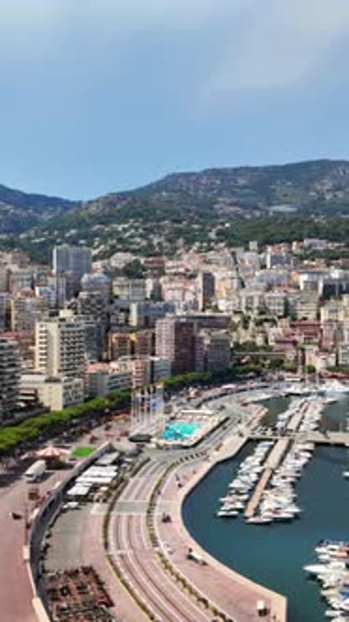 Aerial view of white boats docked in the Monaco Marina with the skyline on the background. Vertical