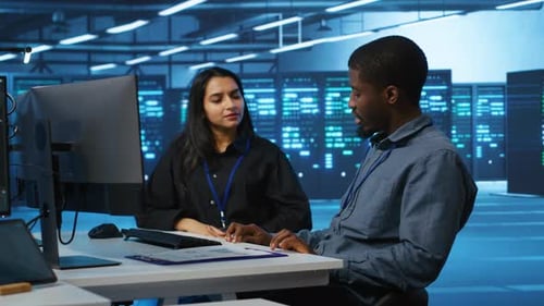 Man and Woman Working in Server Room
