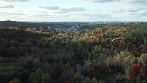 AERIAL: Vilnius city panorama with tranquil forest in autumn