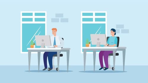 Group Of Office Workers Sitting At Desks And Communicating Or Talking 4K