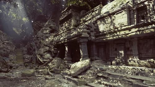 Ancient Temple Ruins Surrounded By Lush Greenery and Sunlight in a Jungle