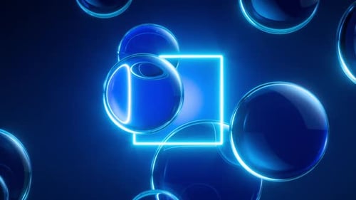 Abstract animated blue background of square neon linear frame and clear glass balls flying up