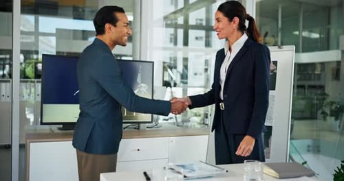 Handshake, meeting and welcome with business people in office boardroom for agreement or deal