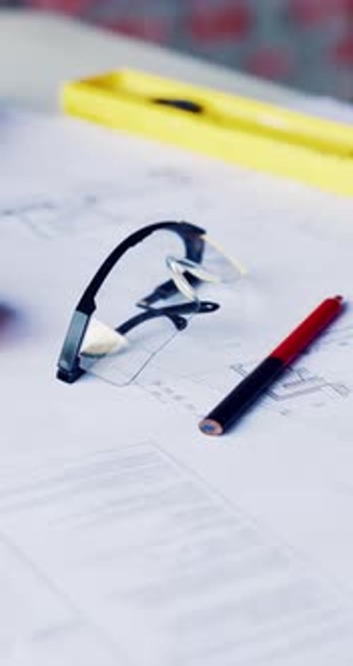 Construction, empty and glasses on desk with blueprint, planning and design for building project