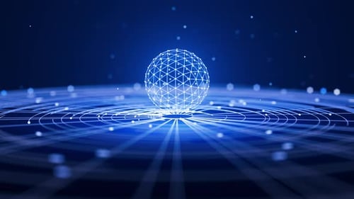 Loop of a glowing digital sphere above a futuristic grid on a dark background.