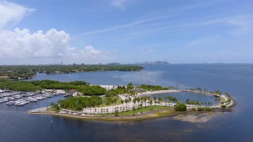 Aerial view of marina and beach park, United States.