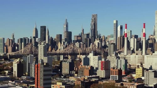 Aerial Panorama Capturing Manhattan's Skyline Queensboro Bridge Spanning East River Roosevelt Island