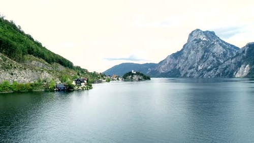 Aerial View of Austrian Lake with Beautuful Mountain Landscape