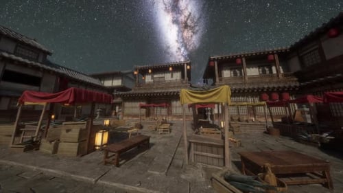 A Serene Night in a Traditional Japanese Village Under a Starry Sky