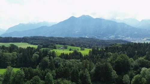 Drone survole une forêt en Autriche entourée de montagnes