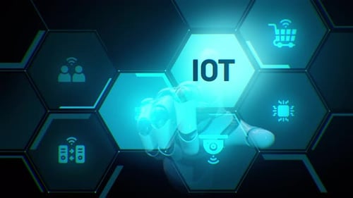 Robot Hand Interacting with IoT Hexagon Icons on Digital Interface