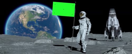 Astronaut Plants Green Screen Flag on Moon with Earth Background