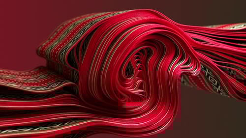 A Vibrant 3D Swirl of Red and Patterned Fabric Creates a Captivating Visual Spiral