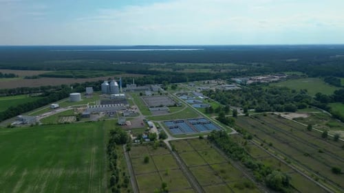 Wastewater treatment plant, drinking water. Magic aerial view flight drone