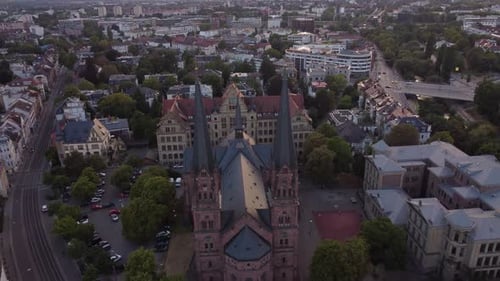 Catholic church in Freiburg im Breisgau, Germany Drone backward movement