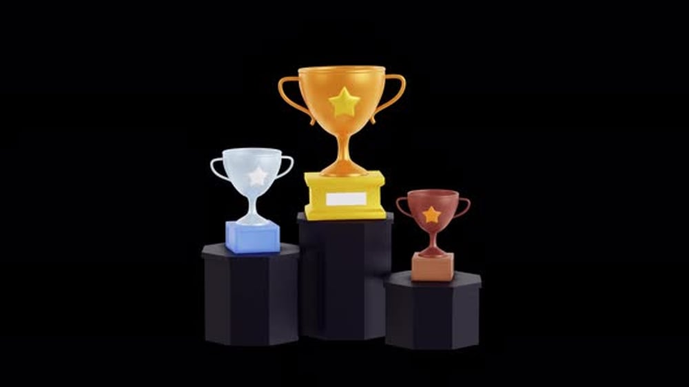 Winners podium with trophy cups animation. 3d render, ALPHA channel ...
