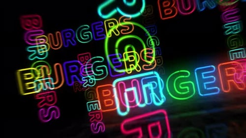 Burgers bar neon symbol 3d flight between