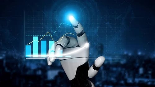 Futuristic Robot Hand Touching Data Visualization Graphs with Rising Trend Lines and Bars Against a