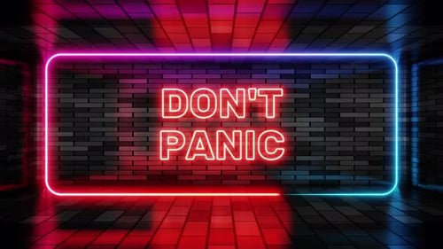 Neon sign dont panic in speech bubble frame on brick wall background 3d render. Light banner