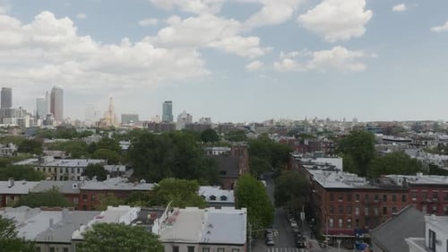 Flying over the rooftops of brownstones in Cobble Hill Brooklyn NY