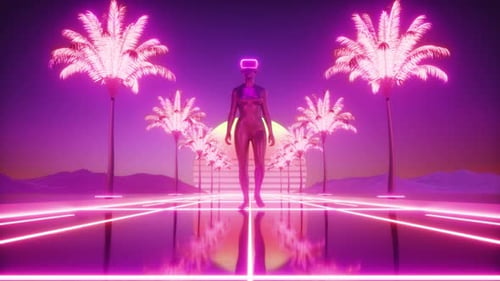 Personnage féminin marchant entre des palmiers luminescents sur fond d'onde de synthèse