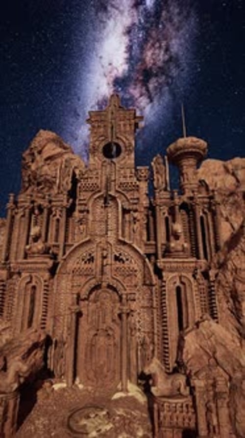 Castle Embedded in Mountain Beneath Starry Night Sky