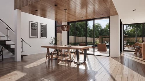 Modern Home Interior with Kitchen and Backyard Pan