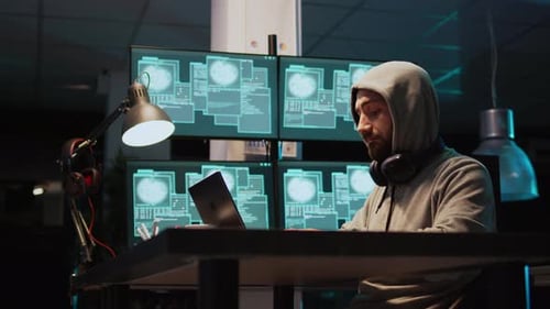 Sistema de hacking criminal de TI à noite usando vírus