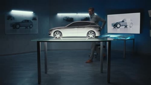 Un ingénieur automobile touche le modèle du prototype de voiture pour modifier la conception