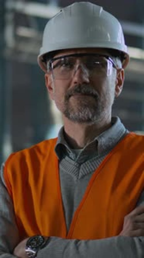 Serious Worker with Safety Gear Arms Folded Portrait