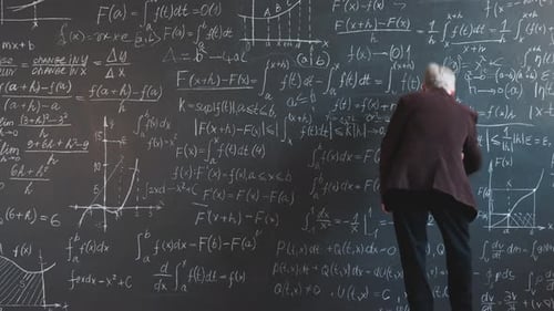 Time Lapse of College Professor Senior Man Writing on Blackboard Walking in Class Working at Science
